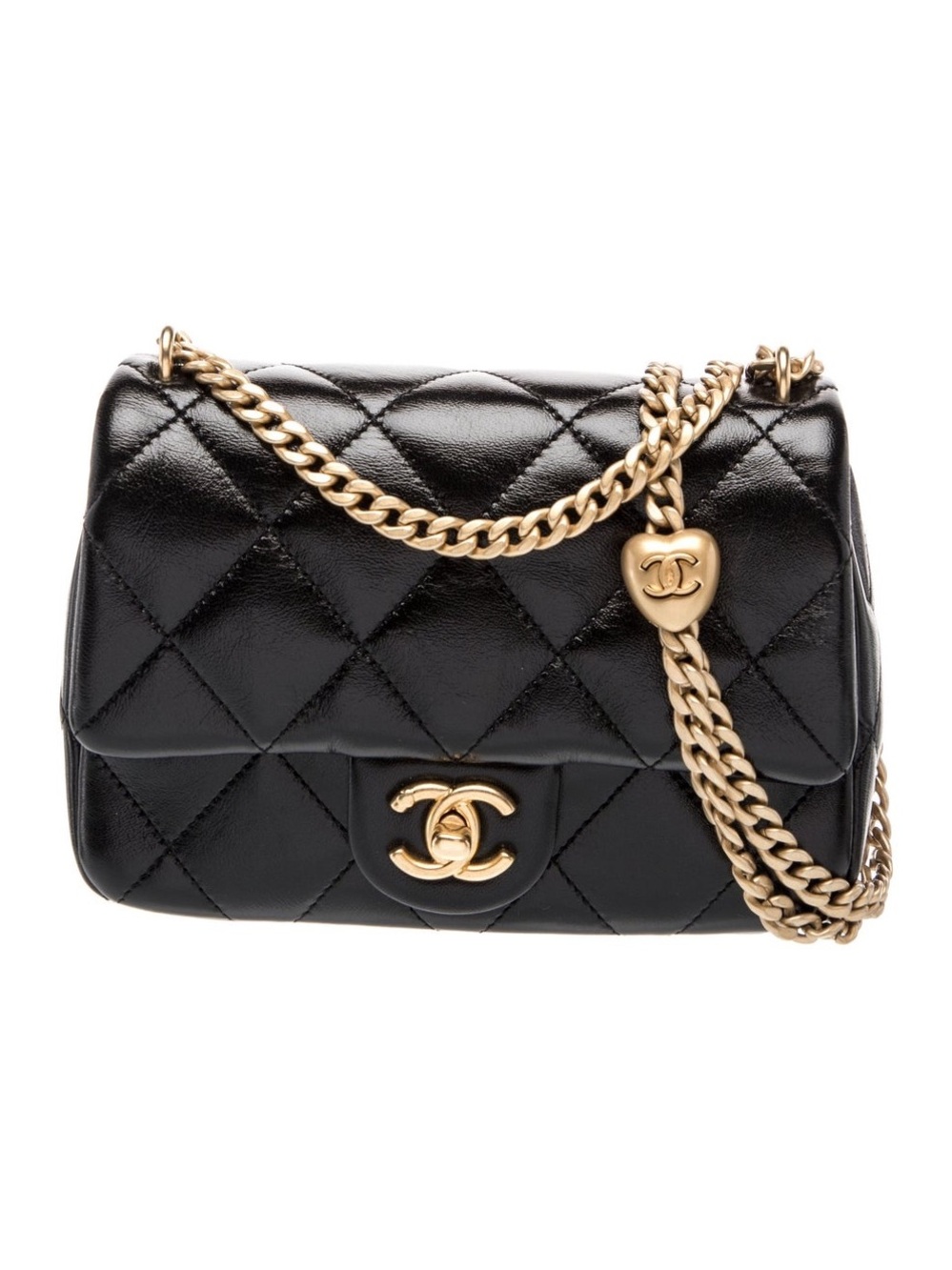 CHANEL sweetheart Black Quilted Shoulder Bag with Gold Chain and CC Charm